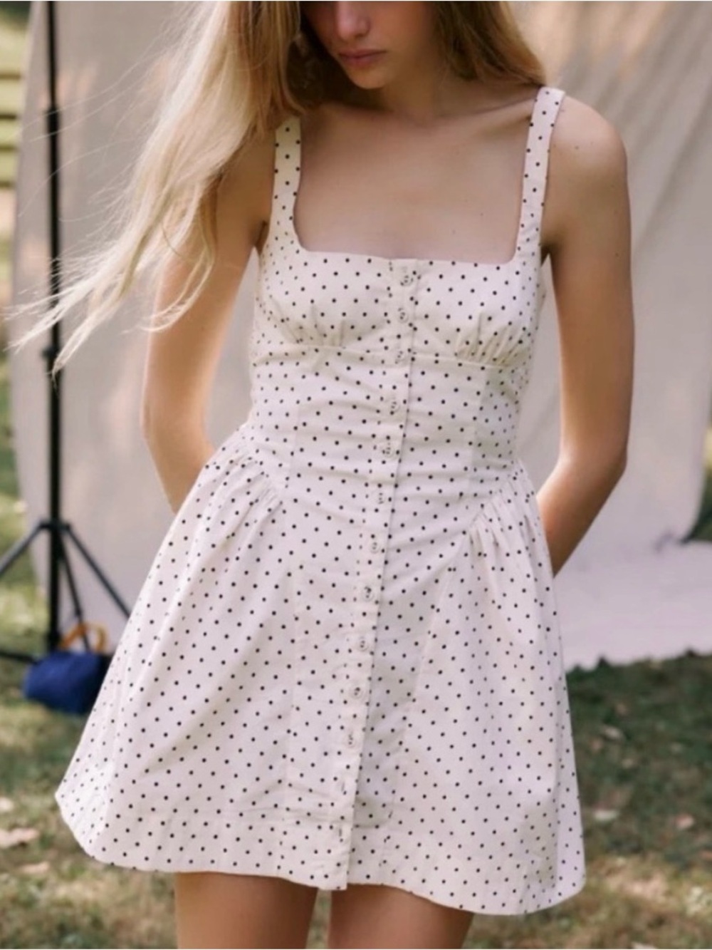 Free People Printed Astrid Mini Dress XL Ivory Black Polka Dot Smocked $128